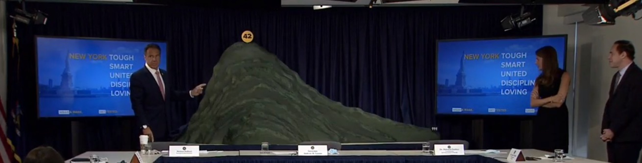 photo of Gov Cuomo in front of a mountain-shaped 3d line chart